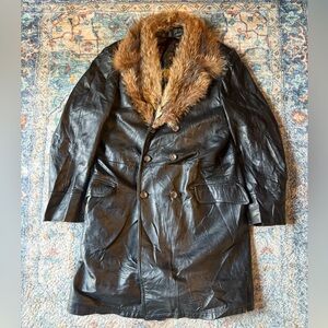 Vintage 70s JJ Canada Fur Collared Long Leather Trench Coat Large